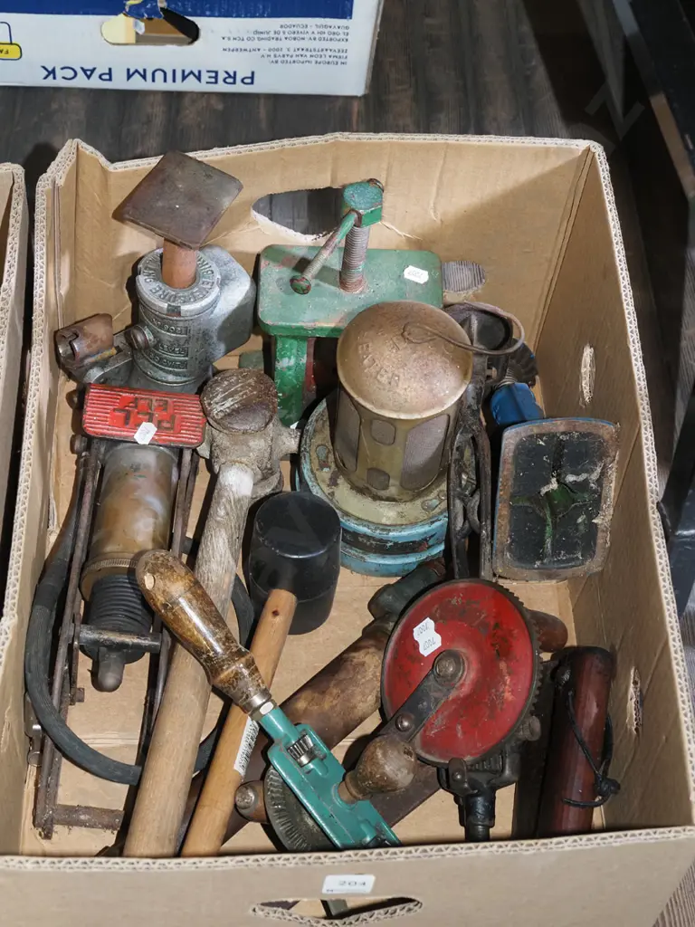 box; egg beater drills, glasshouse heater, foot pump etc Image 1++