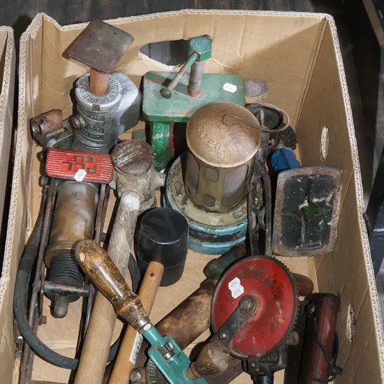 box; egg beater drills, glasshouse heater, foot pump etc
