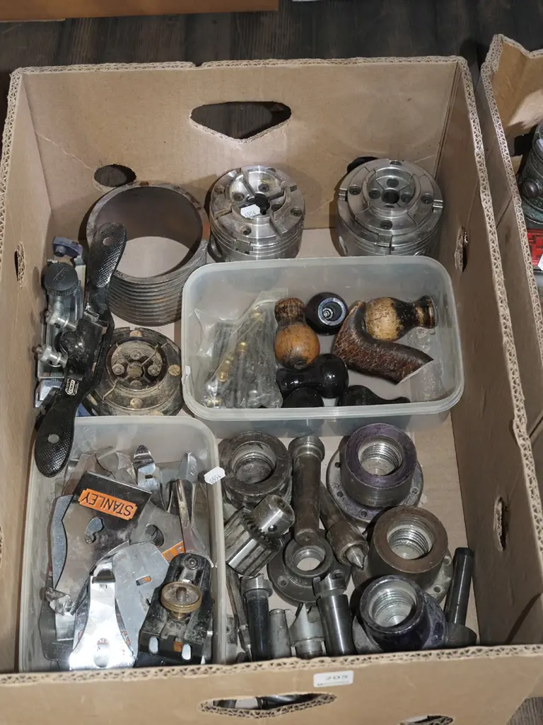 box; lathe chucks, plane parts, spoke shave etc Image 1++