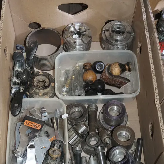 box; lathe chucks, plane parts, spoke shave etc