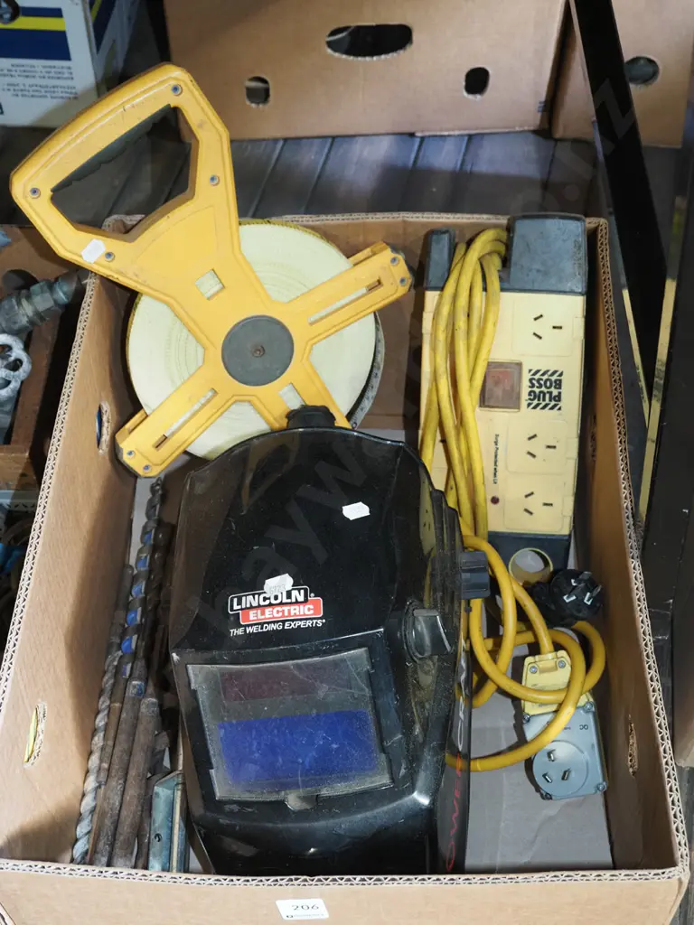 box; welder's mask, tape measure, multi board, drill bits Image 1++
