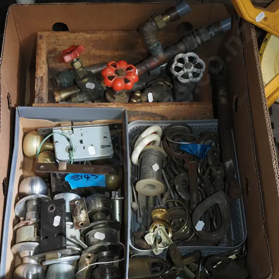 box; door hardware, plumbing valves, padlocks etc