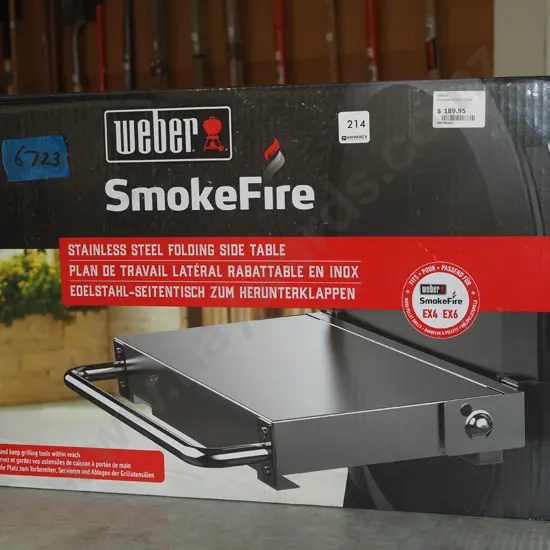 box; Weber stainless steel folding bbq side table