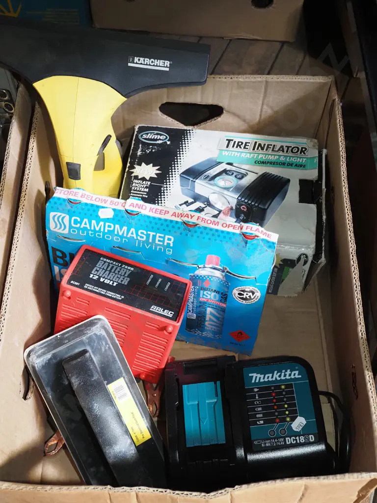 box; Makita battery chrger, tyre inflater, butane gas bottles etc Image 1++