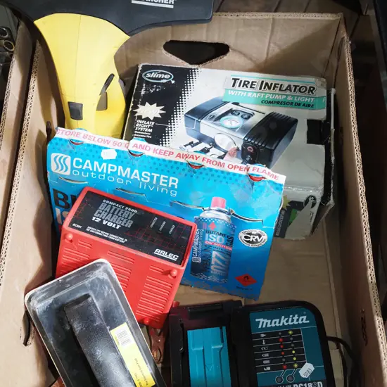 box; Makita battery chrger, tyre inflater, butane gas bottles etc