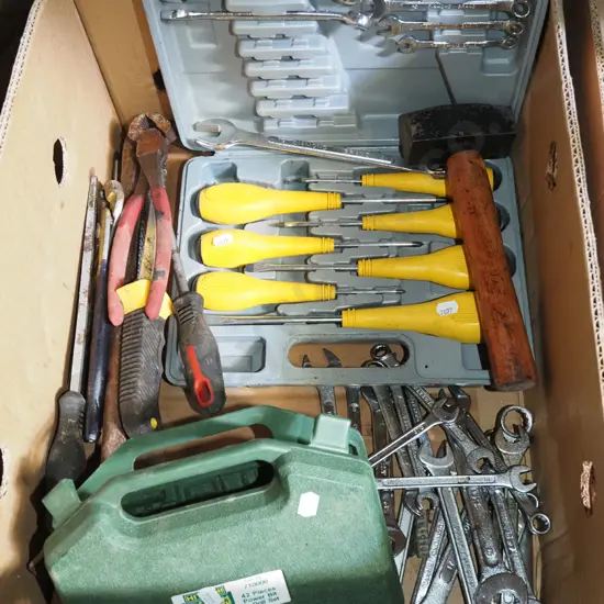 box; open end ring spanners, pliers, screwdrivers etc