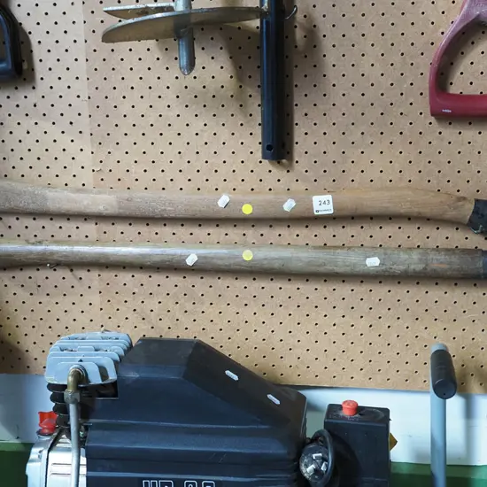 wooden handled axe, mattock - yellow dots