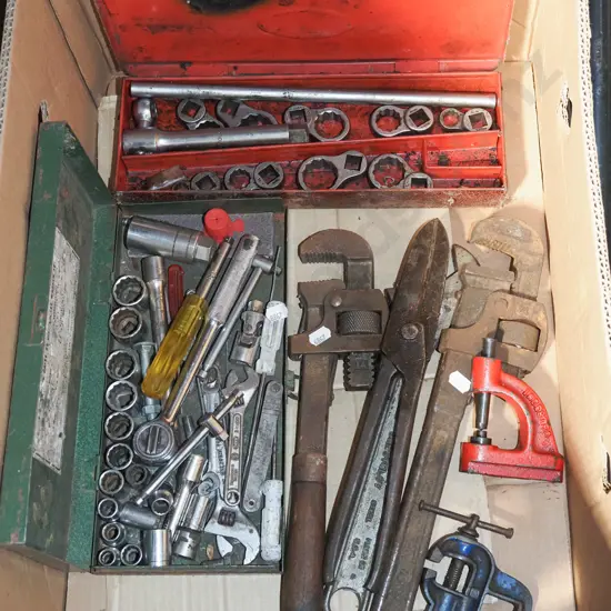box; socket sets, plumber's stilsons, tin snips etc