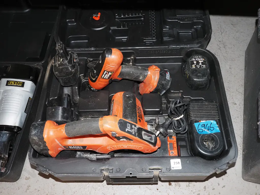 Black and Decker battery powered tool set, drill, plunge saw, 4x batteries in plastic carry case Image 1++
