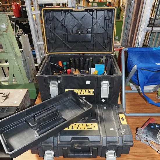 Dewalt 2 piece tool kit with fitted interior and contents; plane, chisels, clamps, marker gauge etc