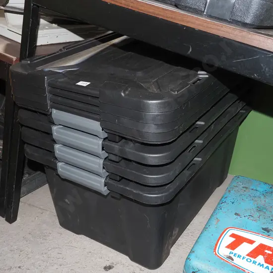 3x black plastic storage tubs with lids