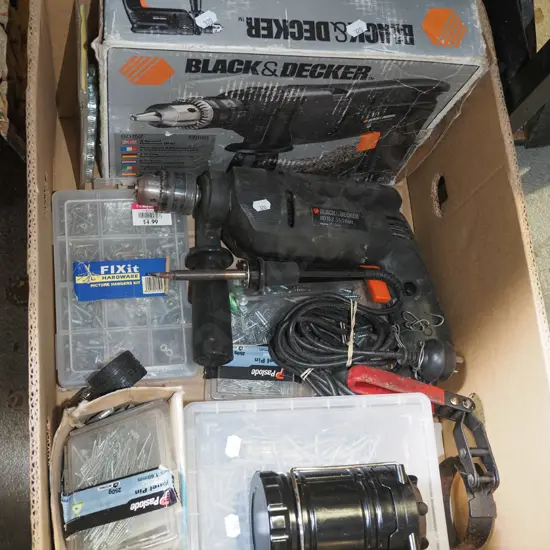 box; drill, screws, camping lantern etc