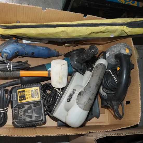 box; angle grinder, sanders, Dewalt battery charger etc