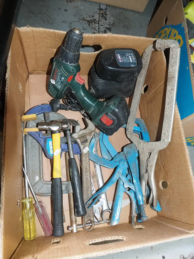 box; Bosch electric drill - no charger, welder's clamps, hammers etc Image 1++