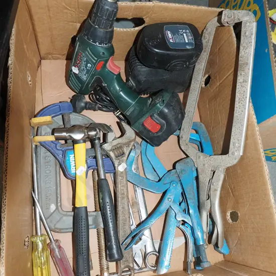 box; Bosch electric drill - no charger, welder's clamps, hammers etc