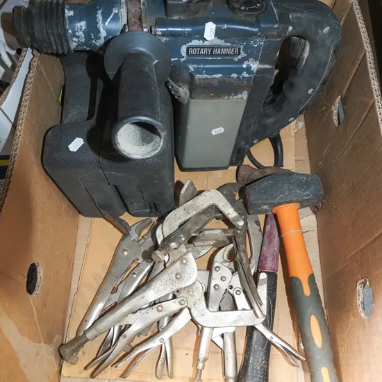 box; rotary hammer, welder's clamps etc