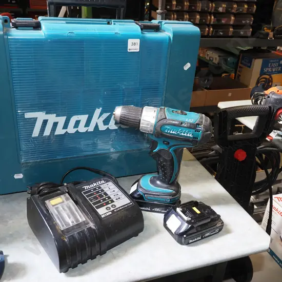 Makita 18V battery drill in case with 2 batteries and charger