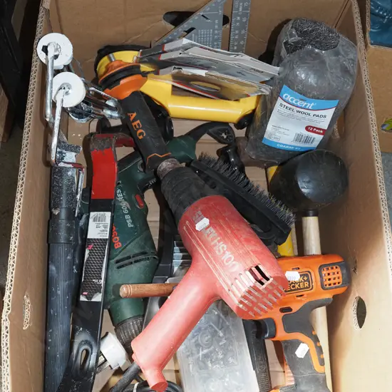 box; heat gun, drills, paint rollers etc