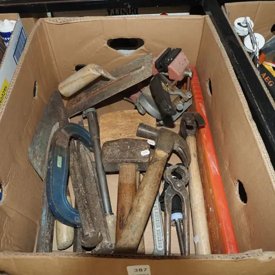 box; hammers, G clamp, plasterer's float etc