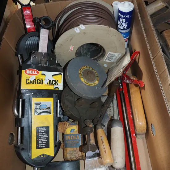 box; bike cargo racks, bench top hand crank sharpening stone, caulking gun etc