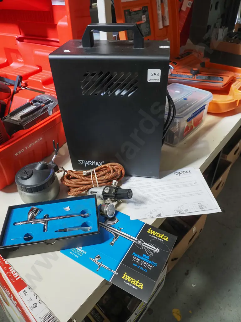 Sparmax oil free air brush compressor and Iwata High Performance gravity fed air brush, air regulator Image 1++