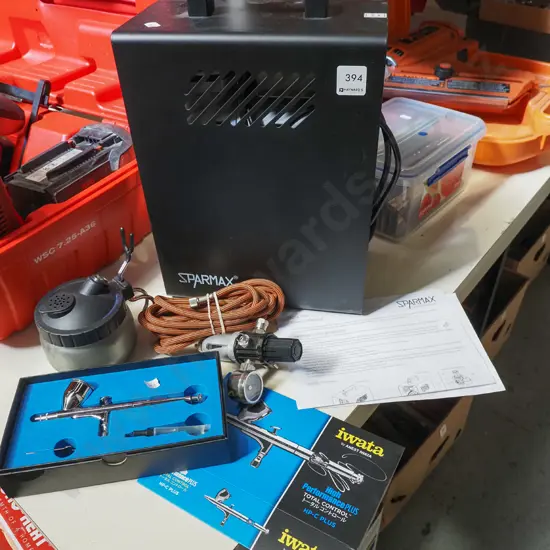 Sparmax oil free air brush compressor and Iwata High Performance gravity fed air brush, air regulator