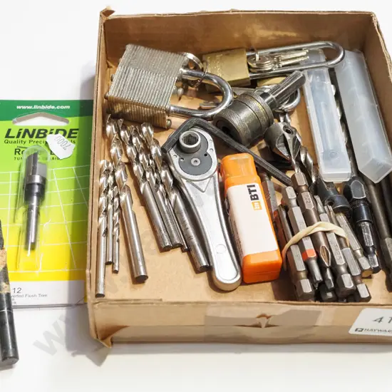 box; drill drivers, drill bits, padlocks etc