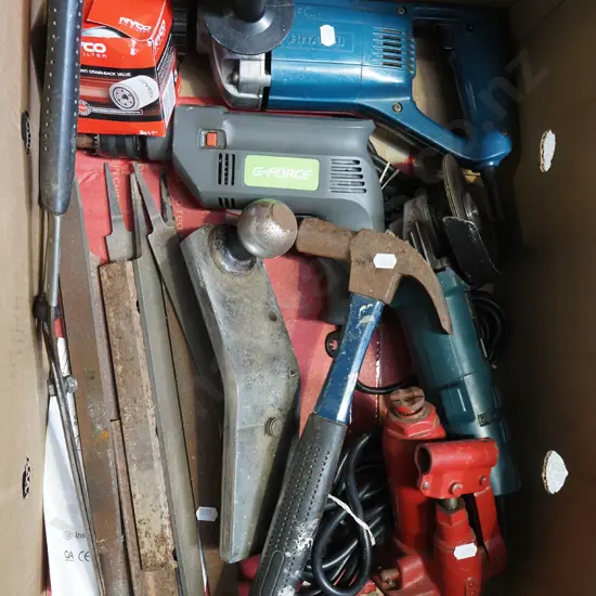 box; angle grinder, drills, tow balls etc