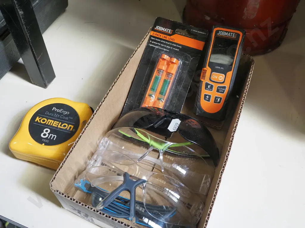 box; safety glasses ,line levels, tape measure etc Image 1++