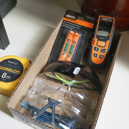 box; safety glasses ,line levels, tape measure etc