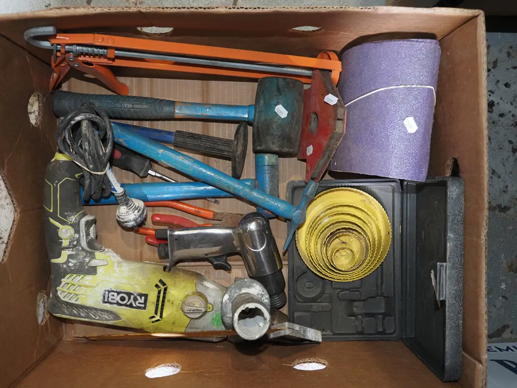 box; sand paper, hole saw set , Ryobi drill etc Image 1++