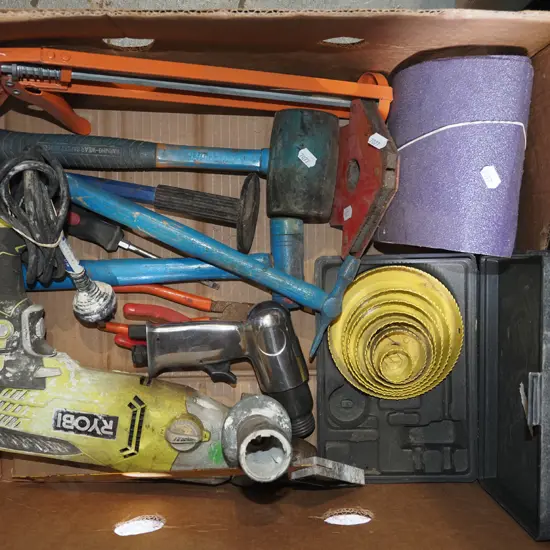 box; sand paper, hole saw set , Ryobi drill etc