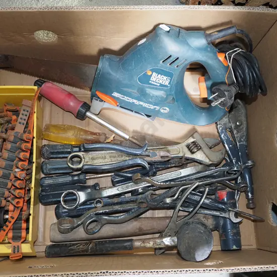 box; Black and Decker scorpion saw, crescents, drill drivers etc