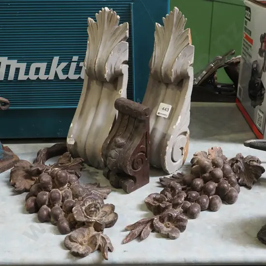 carved wooden corbels, wooden deorative grapes and flowers