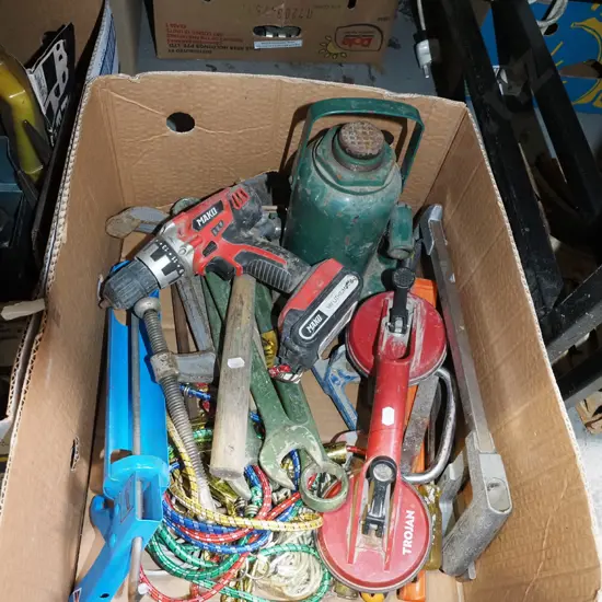 box; Mako battery drill - no charger, large spanners etc