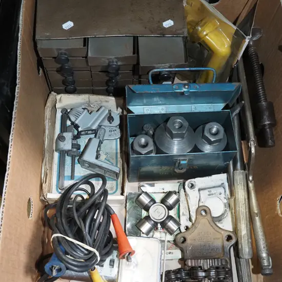 box; voltmeter, saw sharpener, seal puller kit etc