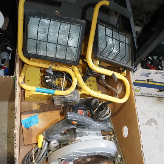 box; skilsaw, halogen light,  mitre boxes