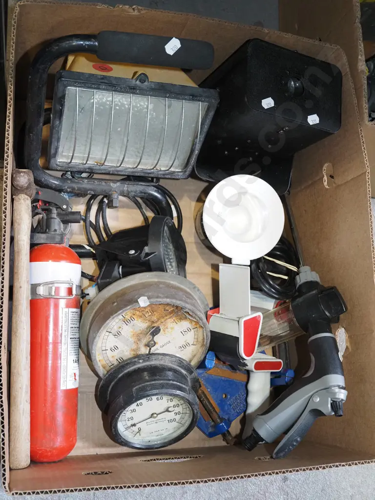 box; vintage presure gauges, lights, fire extinguisher etc Image 1++