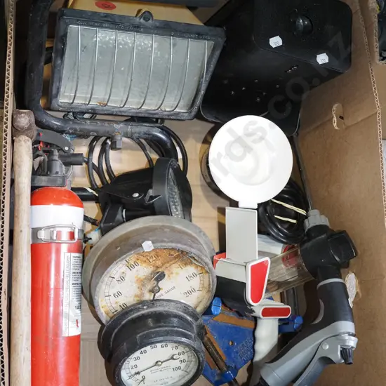 box; vintage presure gauges, lights, fire extinguisher etc