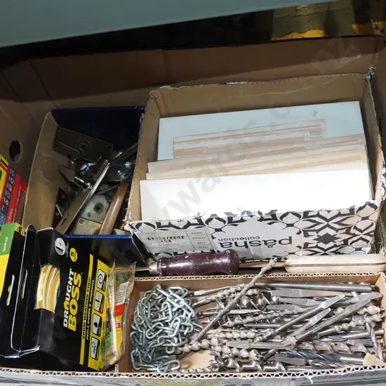 box; auger bits, draught seals, rectangular tiles etc