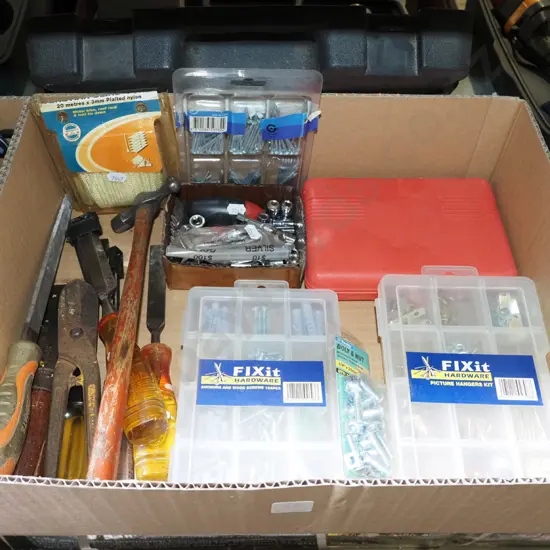 box; picture hooks, screws, hammers etc