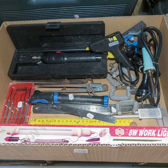 box; work light, builder's rule, soldering iron etc