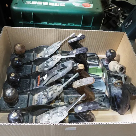 box; various incomplete and broken hand planes