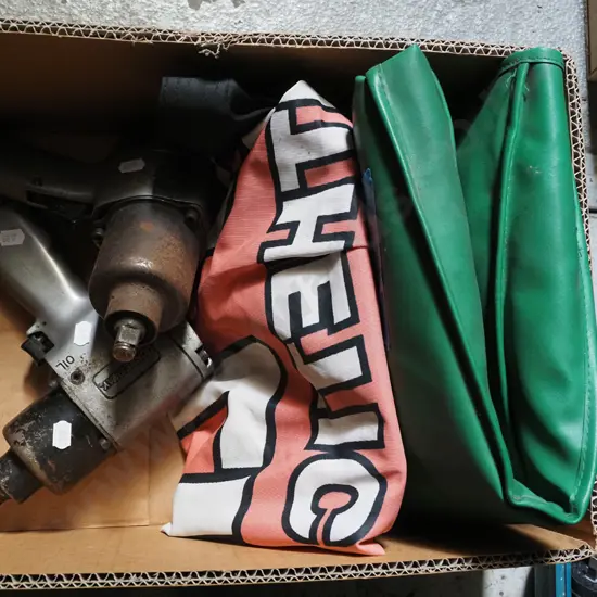 box; car fender cover, flag, 2x air powered rattle guns
