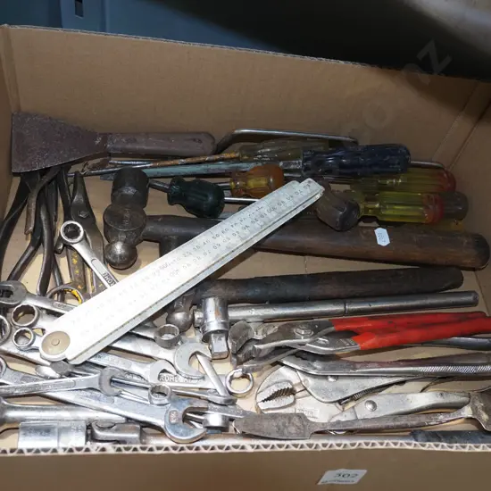 box; crescents, hammers, screwdrivers etc