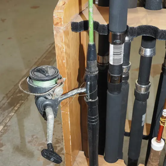 fishing rod and reel, fishing rod - orange dots