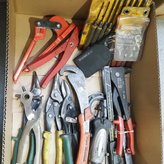 box; punch sets, tin snips, riveters etc