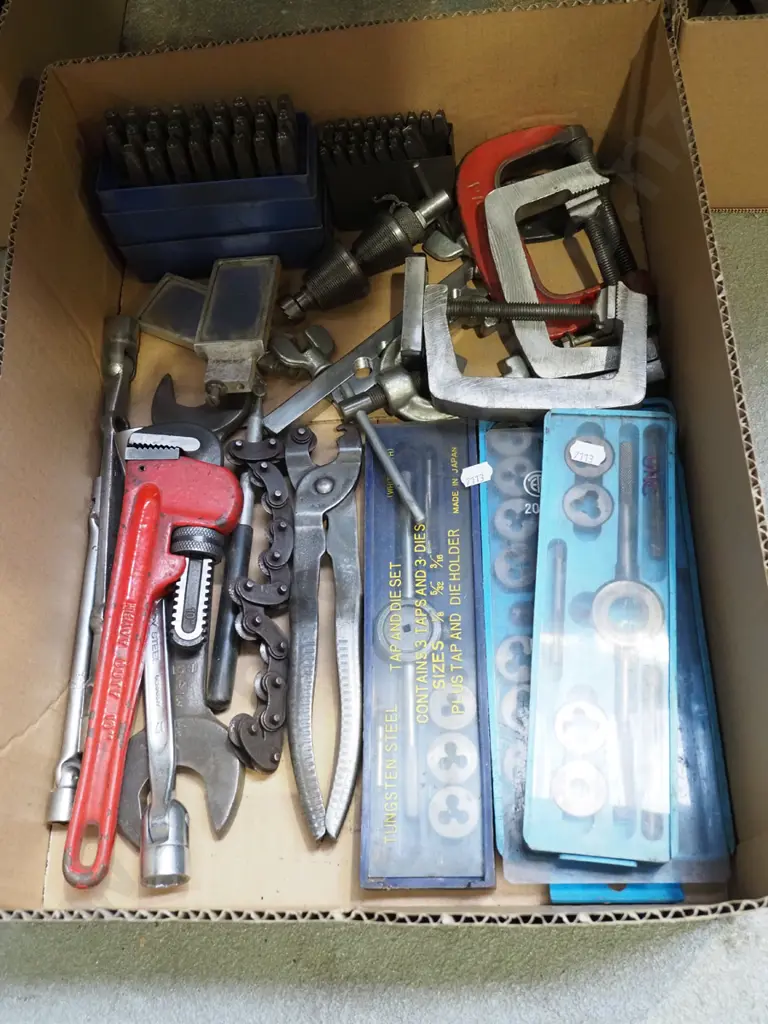 box; engineers alphabet punches, small tap and die sets, clamps etc Image 1++