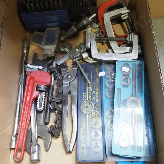 box; engineers alphabet punches, small tap and die sets, clamps etc