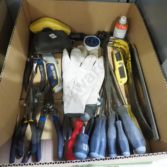 box; screwdrivers, safety gloves, pliers etc